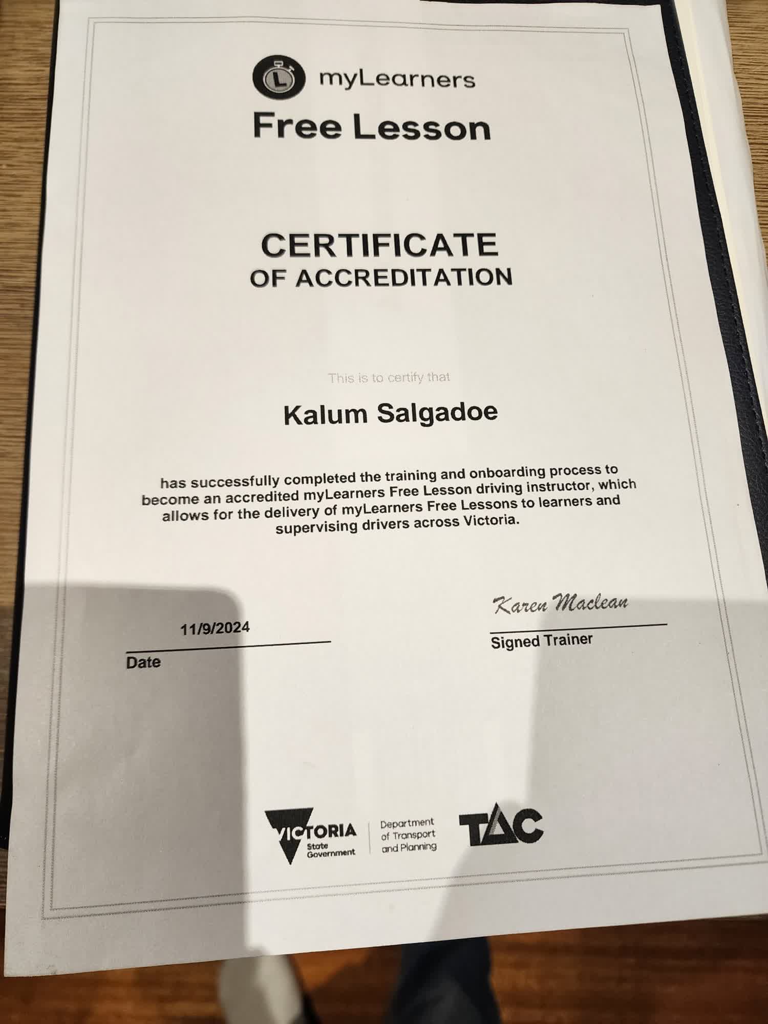 myLearners Free Lesson Certificate of Accreditation - Kalum Salgadoe